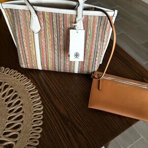 Tory Burch Multicolor Stripe Straw Tote with Tan Wristlet